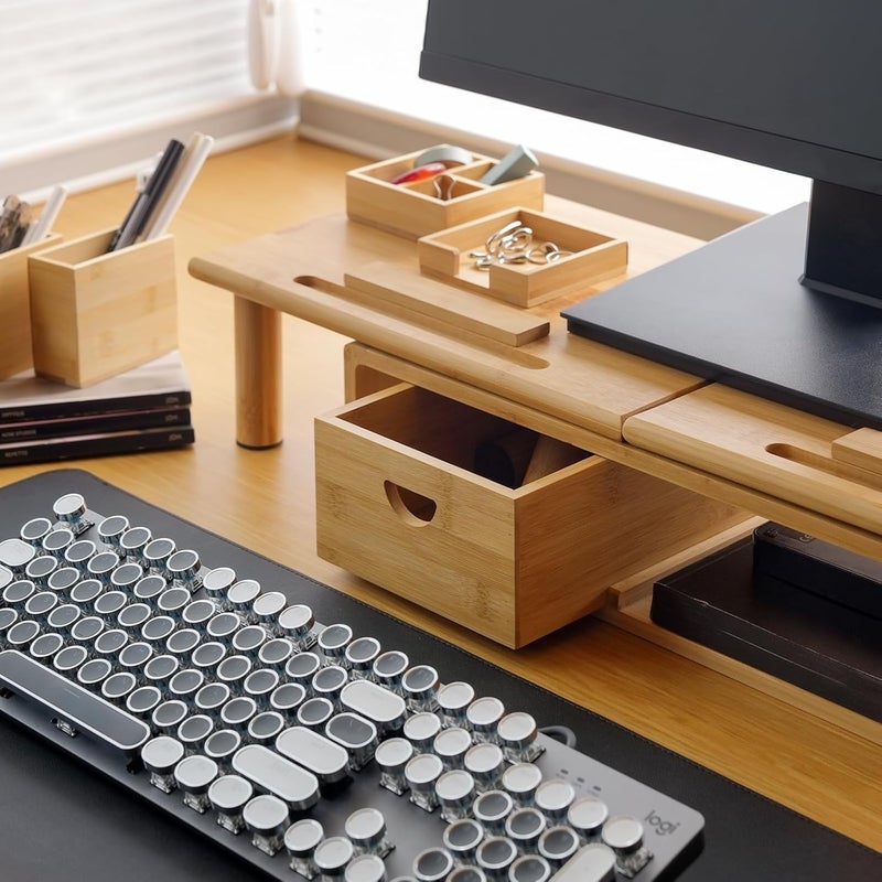 ROCDEER Dual Monitor Stand Riser with Drawer for Desk Laptop Desk Shelf with Adjustable Length and Angle, Bamboo Computer Stand Riser for 2 or 3 Monitors Screen Laptop PC TV -Natural - Image 3